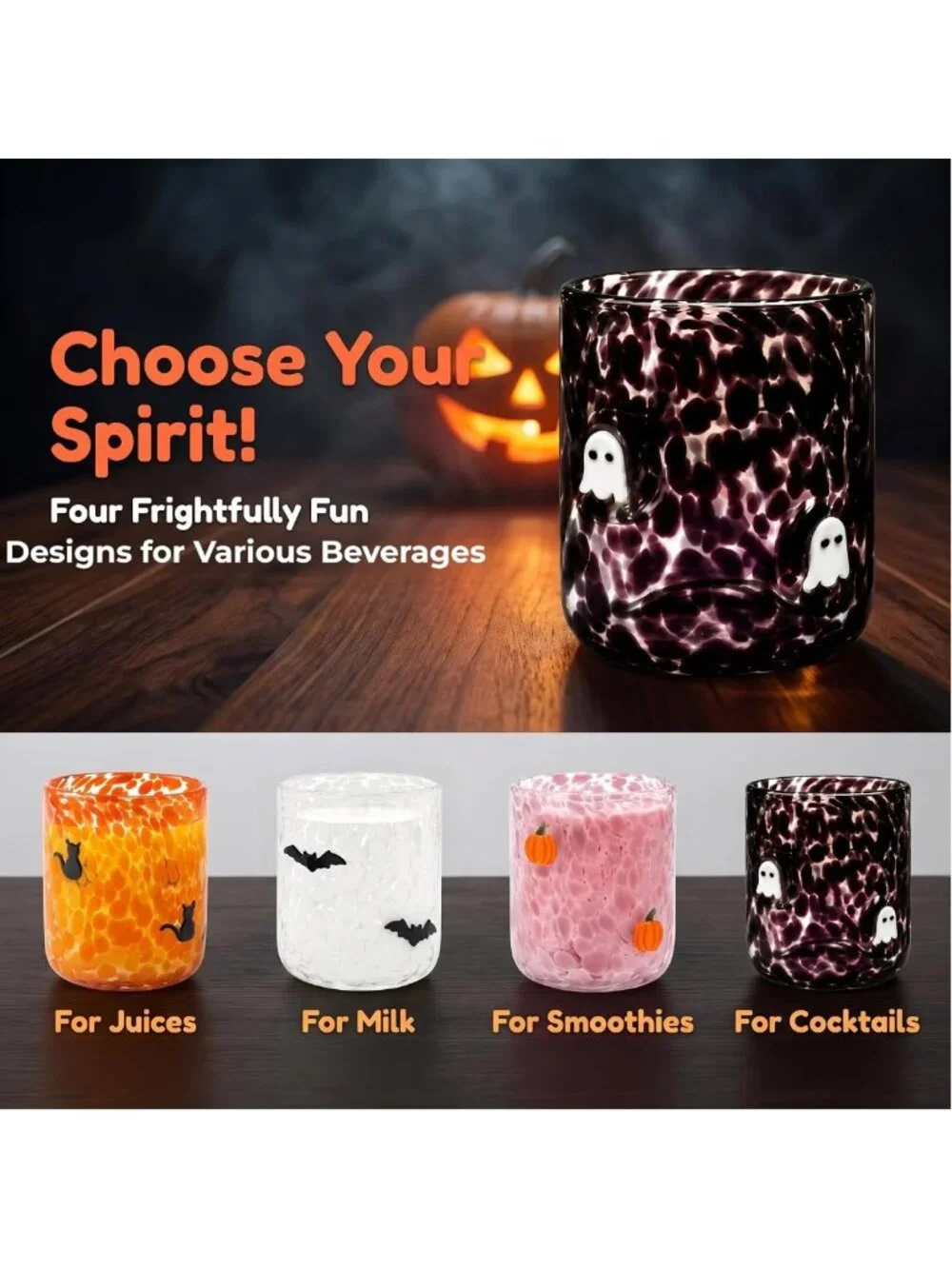 Set of 4 Halloween Glass Cups - 16oz Ghost, Bat, Pumpkin, Black Cat - Cute Party